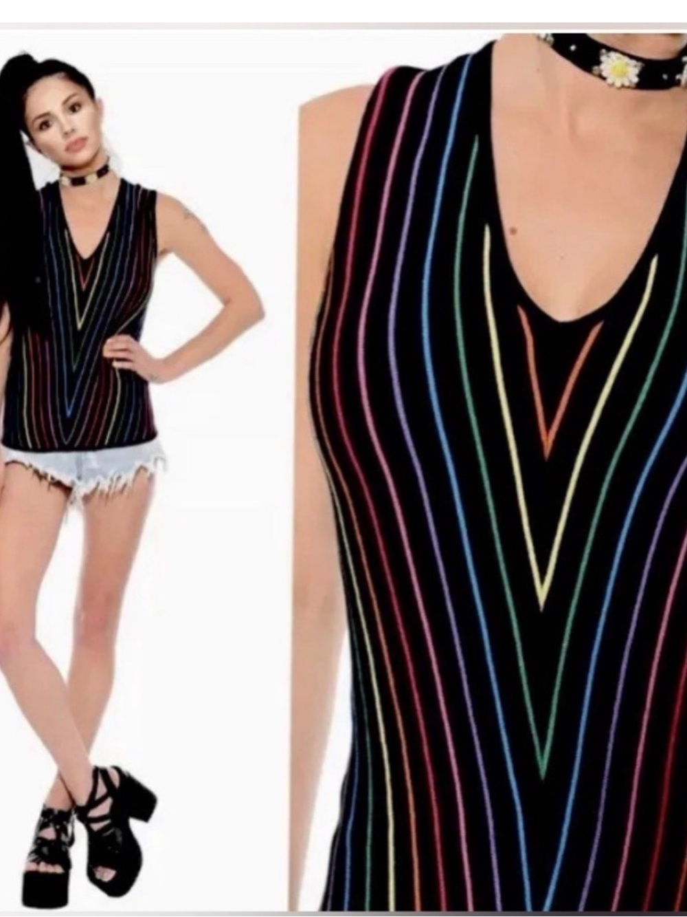 Black V-Neck Tank with Vertical Rainbow Stripes